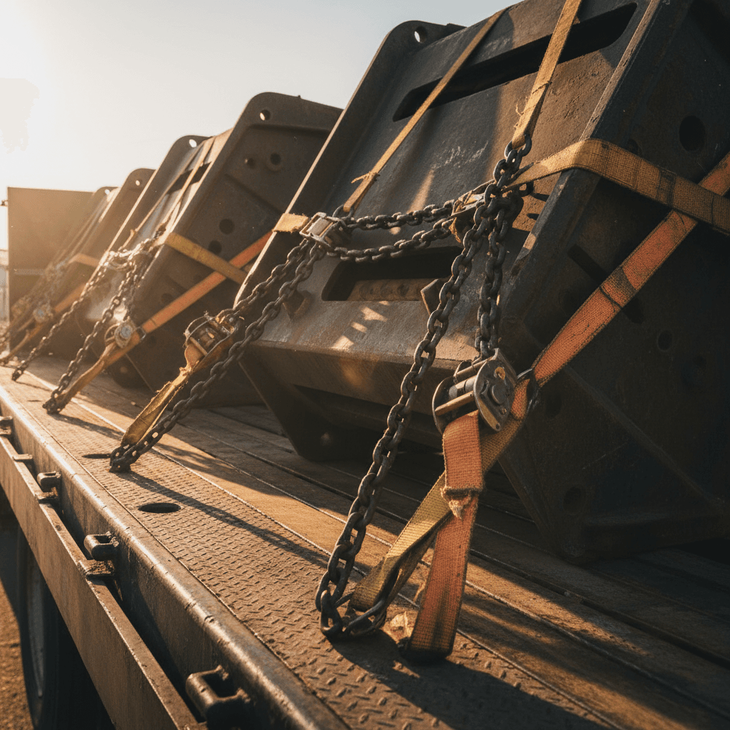 Flatbed deck loaded with secured freight and chains